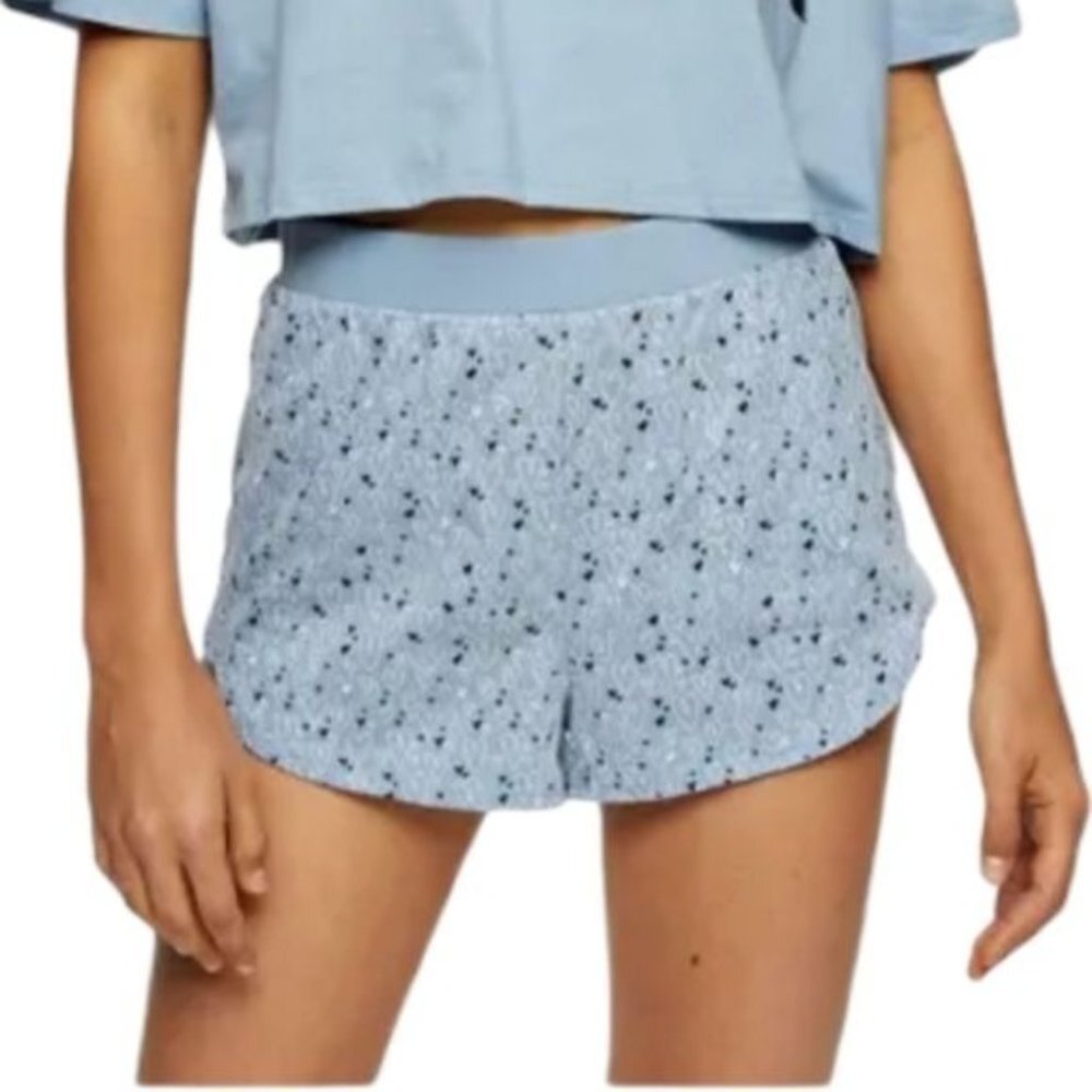 Topshop Womens Heart Print Lounge Shorts Blue Ribbed Waist Dolphin Hem S